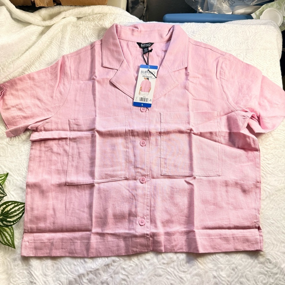 Buffalo David Bitton Pink Linen Blend Button-Up Shirt L NWT
